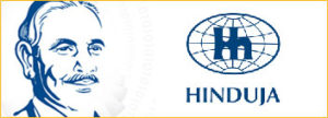 A white background with a blue sketch art of Hinduja group founder Shri Parmanand Deepchand Hinduja and Hinduja group logo