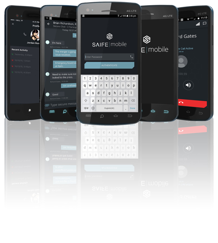 5 Mobiles with SAIFE installed in them having secured communication through messages and calls